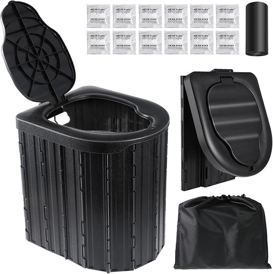 Portable Toilet for Adults, Foldable Plastic Toilet, with Lid and Paper Holder Travel Porta Potty for Adults Camping, Hiking, RV, Fishing, Beach, Road Trip, Truck, Hunting (black-15.7''H)