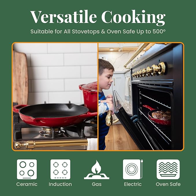 Larder & Vine Enameled Cast Iron Skillet | 10.25 inch Skillet | Saute Pan with Pour Spouts | Enamel Coated Cast Iron | Compatible on All Cooktops & Oven Safe to 500 F | Cabernet