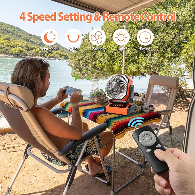 20000mAh Rechargeable Camping Fan - Battery Operated Fan with Light & Remote, Auto Oscillating, 4 Timer, 60 Hrs Work Cordless Tent Fan for Travel Outdoor RV Garage Power Outage Emergency
