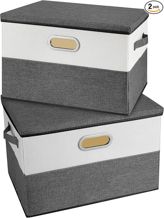 Large Linen Fabric Foldable Storage Bins with Removable Lid and Handles, Washable Storage Box Organizer Containers Baskets Cube with Cover for Bedroom,Closet,Office(Grey&Cream, Large(2-Pack))
