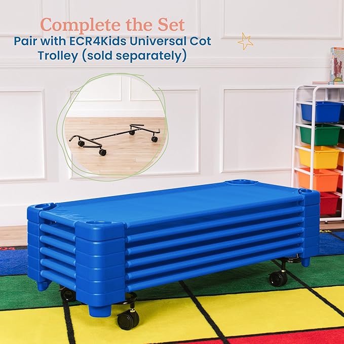 ECR4Kids Stackable Kiddie Cot, Ready-to-Assemble, Standard Size, Classroom Furniture, Blue, 6-Pack