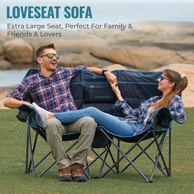 FUNDANGO Double Camping Chair with Cooler, 2 Person Folding Oversized Loveseat Camp Chairs for Adults Fully Padded Couch with Cup Holder for Outdoor Lawn Beach Patio Support 660 LBS Black/Blue