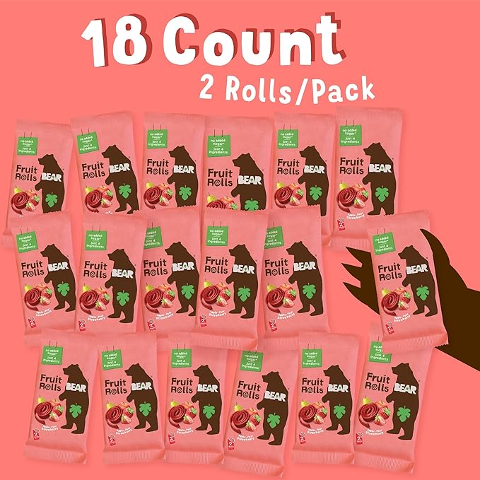BEAR Real Fruit Snack Rolls - Gluten Free, Vegan, and Non-GMO - Strawberry – 36 Rolls, Healthy School And Lunch Snacks For Kids And Adults, 0.7 Ounce (Pack of 18)