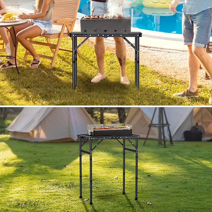 GARLLEN 2ft Folding Grill Table, 3 Adjustable Height Lightweight Camping Table with Heat-Resistant Mesh Desktop, Portable Aluminum Outdoor Tables for BBQ, Camping, Picnic, 22.8" L x 15.7" W, Black