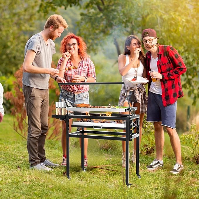 Charcoal Flip Grill for BBQ, Black Barbecue Grills for Outdoor Camping, Portable Tabletop Charcoal Grill with 360 Degrees Reversible Cooking Grid Removable Tray Adjustable Steel Frame,