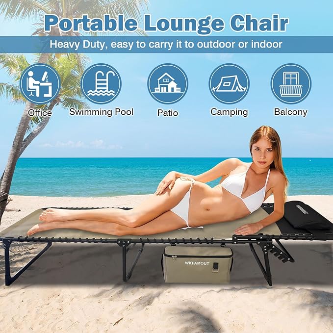 Folding Lounge Chair Outdoor with Insulated Cooler Bag Portable for Outside Patio Chaise Lounge Chair 5-Position with Pillow for Beach Sunbathing Pool Camping Lawn