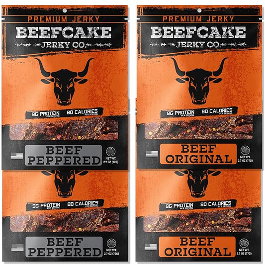 BEEFCAKE Jerky Classic Beef Bundle, Includes Beef Jerky Traditional Peppered & Original Flavor, 9 Gram of Protein & 100 Calories 2.7 Oz | Pack of 4