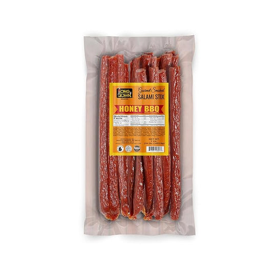 Long John Snacks Dried Salami Sticks - High Protein Smoked Meat Sticks Bulk Pack - Handcrafted From Fresh Premium Cuts of USA Beef and Pork - Low Carb, Gluten-Free, Keto Snacks - Honey BBQ, 16 Oz