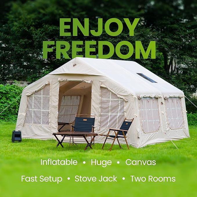 Coody | Rbm Outdoors Koala/Hub/Octopus Inflatable Tents for Camping with Stove Jack, 2/8/10 Person Luxury Canvas Blow Up Tent, 2 Room, Easy Setup Casa de Campaña, Large Inflatable House with Pump