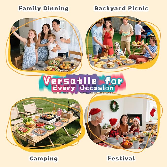 Wheat Straw Dinnerware Sets, Plates and Bowls Sets, 32 PCS Dinnerware Sets Service for 8, Unbreakable Reusable Plates Set, Outdoor Kitchen and Apartment Dinning Essentials - Gray