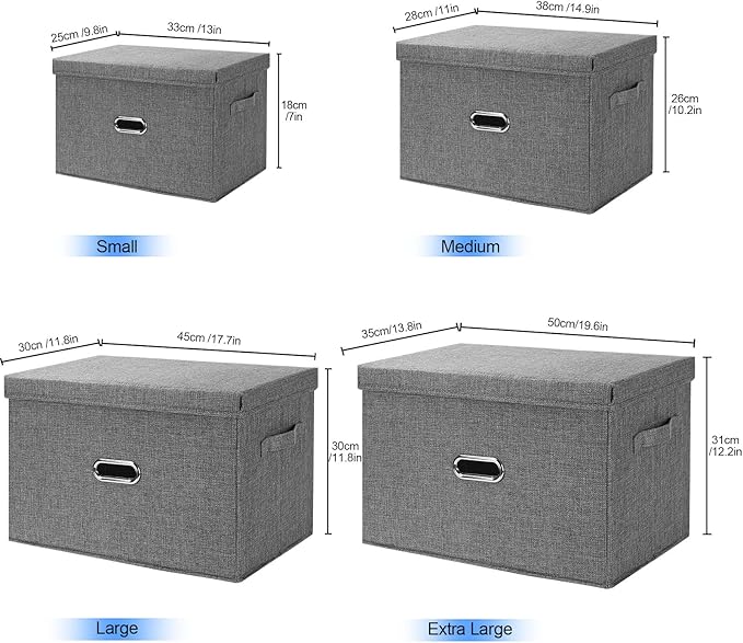 Large Linen Fabric Foldable Storage Bins with Removable Lid and Handles, Washable Storage Box Organizer Containers Baskets Cube with Cover for Bedroom,Office(Cream, Medium)