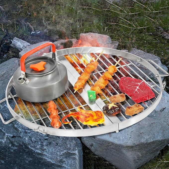 Lineslife Fire Pit Grill Cooking Grate Portable, Stainless Steel Folding Round Firepit Grill Rack with Handles, Outdoor Campfire BBQ Grill for Camping Picnic Gathering, Silver 31.5“