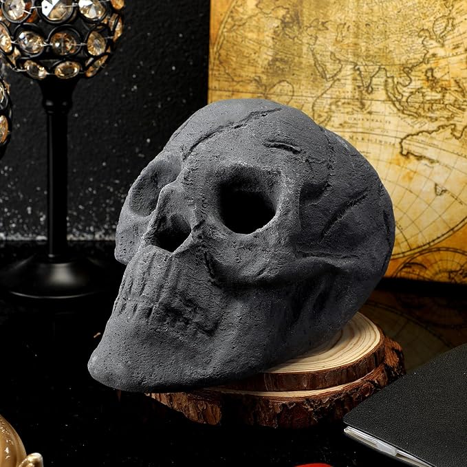 6 Pack Fire Pit Skulls 8.7 Inch Halloween Imitated Human Ceramic Firepit Head Fireproof Skulls Bonfire Accessories Fake Logs Halloween Decor for Gas Campfire Fireplace Wood Fires (Black)