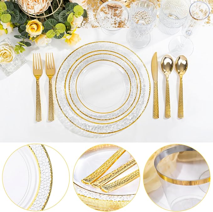 Ciaell 350PCS Clear Plastic Plates with Gold Trim for 50 Guests, Disposable Dinnerware Set for Wedding & Thanksgiving, Includes 100 Plastic Plates, 50 Pre Rolled Napkins with Gold Silverware, 50 Cups