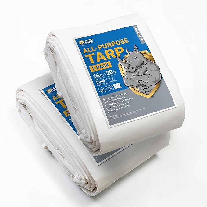 GUARD SHIELD Tarps Heavy Duty Waterproof 16x20 Feet White Poly Tarp Cover Outdoor Thick UV Resistant Tarpaulin with Grommets 10mil (2-Pack)