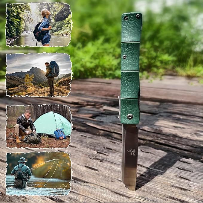 KATSU Folding Pocket Knife with Clip D2 Steel Blade,Handmade Camping Knives for Men Liner Lock G10 Handle Anti-slip Bamboo Style,Japanese Sharp Edc Pocket Knife with Sheath Hiking higonokami