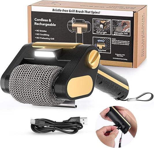 Electric Grill Cleaner Bristle Free – Cordless, Rechargeable BBQ Grill Brush with 350 RPM Stainless Roller, LED Light, Dishwasher-Safe for Gas/Charcoal Grills