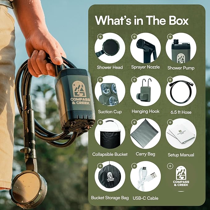 Camping Shower Pump Kit – Portable High Pressure Outdoor Shower with Long Lasting 90 Min Battery and 3.9 Gal Collapsible Bucket, Includes Cleaning Attachment for Camp Dishes, Gear, Travel and Hiking