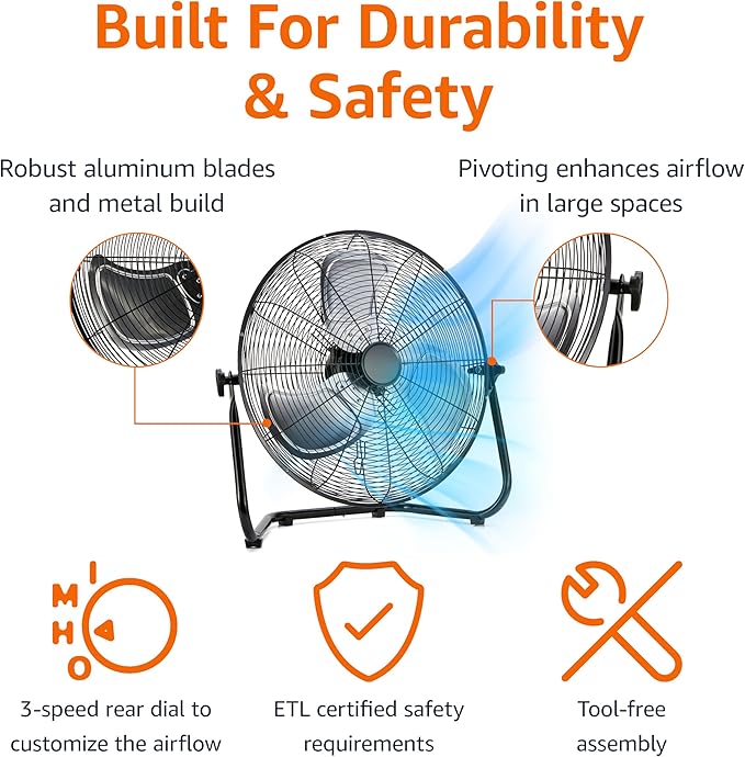 Amazon Basics 18" High Velocity Industrial Fan, Floor Fan, with 3 Speeds, Tilt Head, ETL-Listed Safety Compliance, Metal Housing/Blades, Ideal for Industrial/Commercial Space/Garage/Gym, 100W, Black