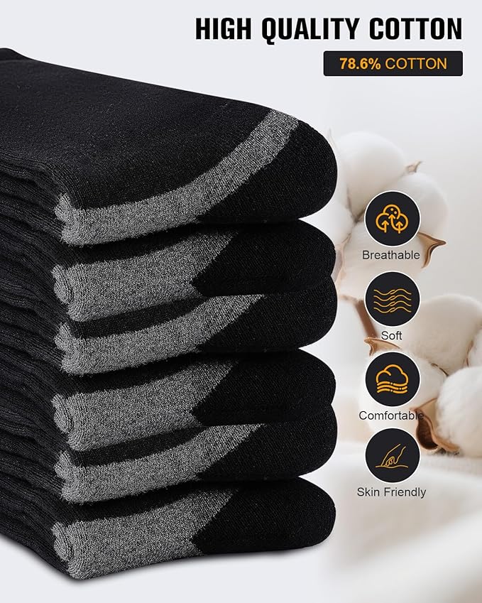 6 Pairs Men's Cotton Crew Work Boot Socks, Moisture Cushioned Athletic Sports Socks for Hiking Running Workout