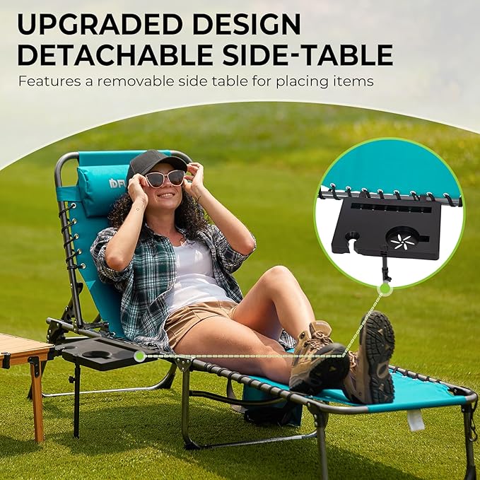 FUNDANGO 2 Pack Folding Chaise Lounge Chair Outdoor, 5 Positions Foldable Beach Lounges Chairs for Adults with Side Table & Pillow for Outside Tanning Pool Camping Patio Lawn (Cyan)