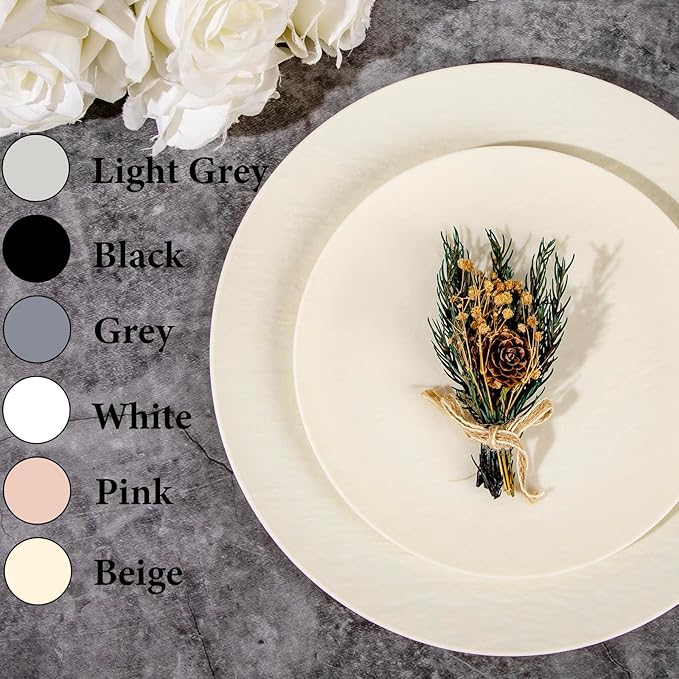 WONDERFUL 32pcs Heavy Duty Thanksgiving Plates Reusable Unbreakable & Dishwasher safe Ivory Plastic Plates Dishes Set Wedding Plate Frosted Design Includes:16 Dinner 10" and 16 Dessert Plate 7.3"