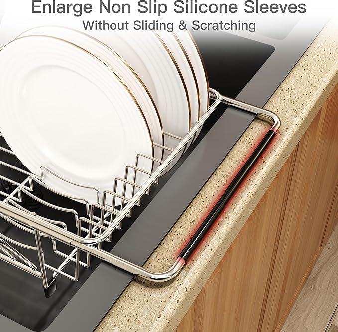 Over the Sink Expandable Dish Drainer Drying Rack In Stainless Steel for Small Kitchen, Counter Space Saving Modern Compact Metal Above Plate Dryer Strainer, Adjustable Hanging Inside Drain Holder