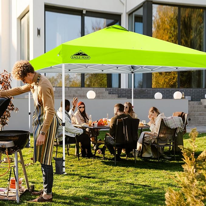 EAGLE PEAK Pop Up Canopy Tent with Wheeled Carry Bag, 8 Stakes, 4 Ropes, 4 Weight Bags, Easy Set Up Tent Canopy, 12x12 ft, 144sqft of Shade, Neon Green