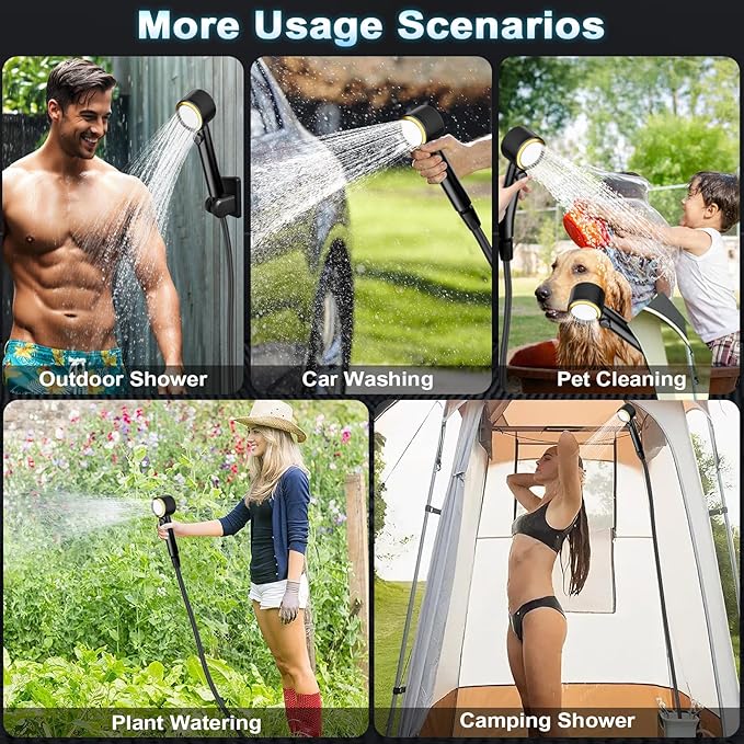 Portable Shower for Camping, 8000mAh Rechargeable Camping Shower Pump with 3X Stronger Water Flow, 5 Pressure Levels & 4 Shower Modes Outdoor Shower with Intelligent LED Display for Hiking Travel Pet