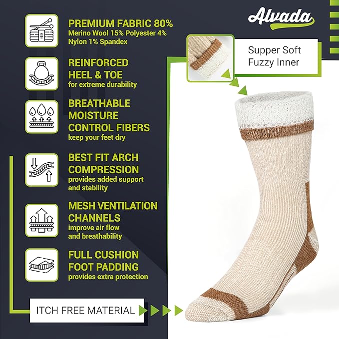 Alvada Merino Wool Hiking Socks Thermal Warm Crew Winter Boot Sock For Men & Women 3 Pairs