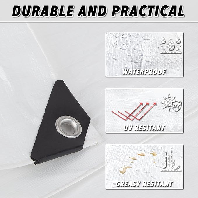 CARTMAN Finished Size 10x10 Feet 10 Mil White Heavy Duty Poly Tarp, Multipurpose Protective Cover, UV Resistant, Waterproof Poly Tarpaulin with Reinforced Edges Tarpaulin with Reinforced Edges