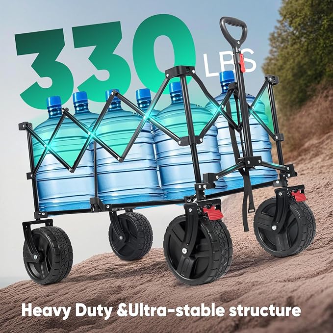 Collapsible Wagon Cart with Big All-Terrain Beach Wheels, Foldable Heavy Duty Wagons with Cup Holders, Utility Carts for Camping, Garden, Outdoor, Grocery, Sports. Black