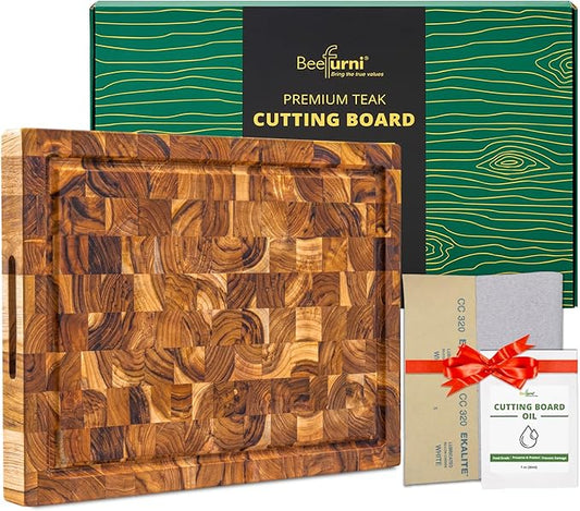 BEEFURNI Teak Wood End Grain Cutting Board (S, 16x12x1.5"), Wooden Cutting Boards for Kitchen with Juice Groove Hand Grip Small, Charcuterie Boards, Serving Board, Christmas Gifts, 1-Year Warranty