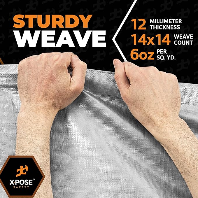 Heavy Duty Silver Poly Tarp 12' X 16' - Multipurpose Protective Cover - Durable, Waterproof, Weather Proof, Rip and Tear Resistant - Extra Thick 12 Mil Polyethylene - by Xpose Safety