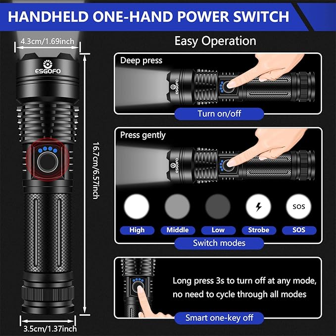 Esgofo Flashlights High Lumens Rechargeable, Super Bright Handheld LED Flash Light, Powerful Emergency Linternas, Waterproof, Long Lasting, for Hiking Camping Gift