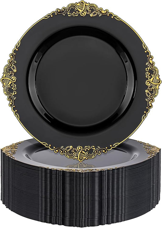 Nervure 100PCS Black and Gold Plastic Plates - 10.25Inch Black Disposable Plates - Black Plastic Dinner Plates for Wedding & Party & Halloween