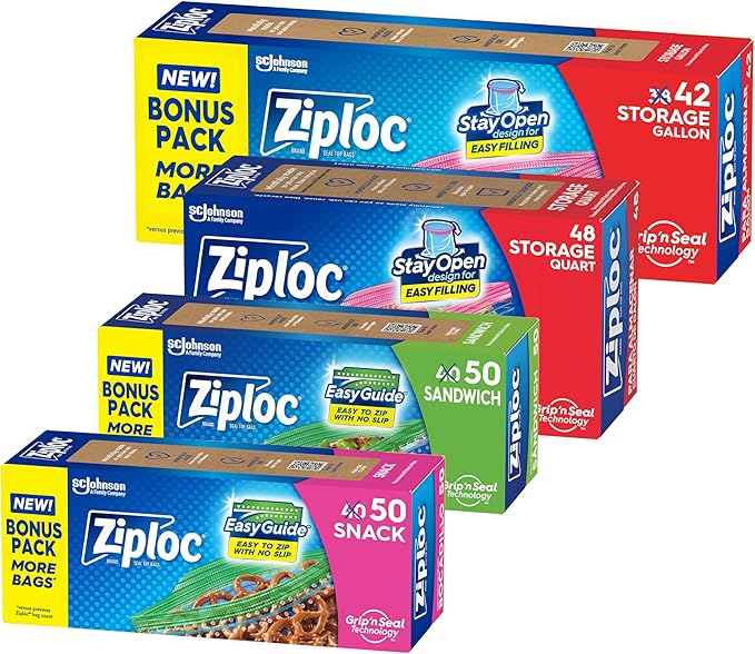 Ziploc Brand Storage Bags Variety Pack, 42ct Storage Gallon and 48ct Storage Quart with Stay Open Design, 50ct Sandwich and 50ct Snack with Grip N Seal Technology, 190ct Total