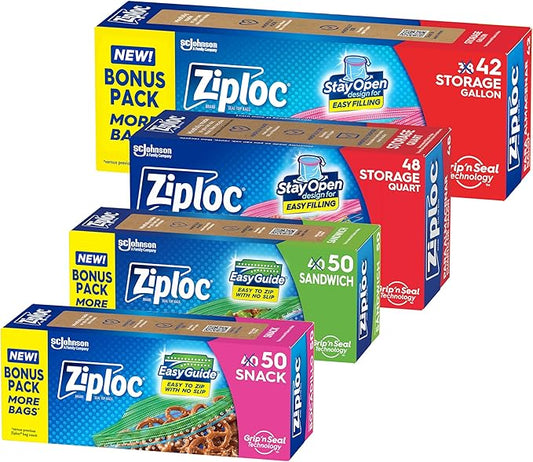 Ziploc Brand Storage Bags Variety Pack, 42ct Storage Gallon and 48ct Storage Quart with Stay Open Design, 50ct Sandwich and 50ct Snack with Grip N Seal Technology, 190ct Total