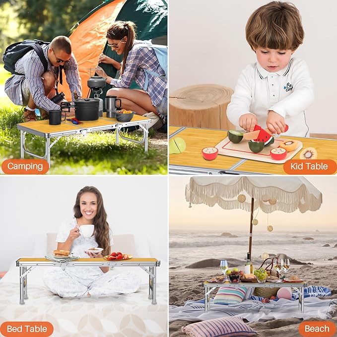 FUNYKICH 3ft Low Folding Picnic Table(34.2''x15.7''x10.3''), Thicker Aluminum Legs Beach Table with Handle & Carry Bag, Lightweight Small Camping Table for Picnic Beach Camping Party, Yellow