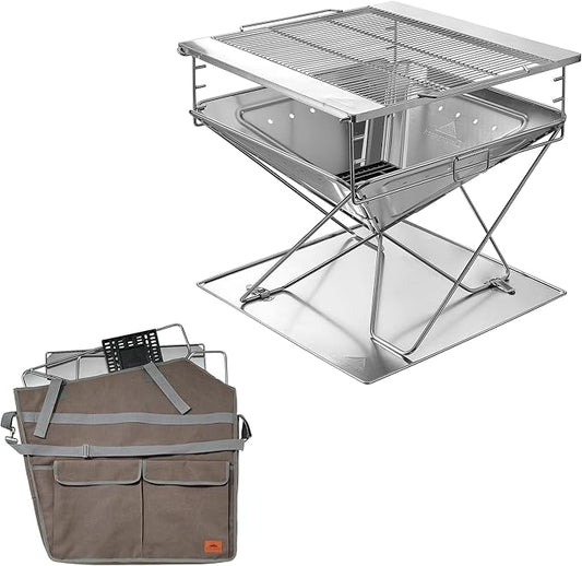 CAMPINGMOON Foldable Fire Pit Charcoal Grill Wood Burning Heavy Large 24-inch Stainless Steel with Duty Storage Bag MT-065