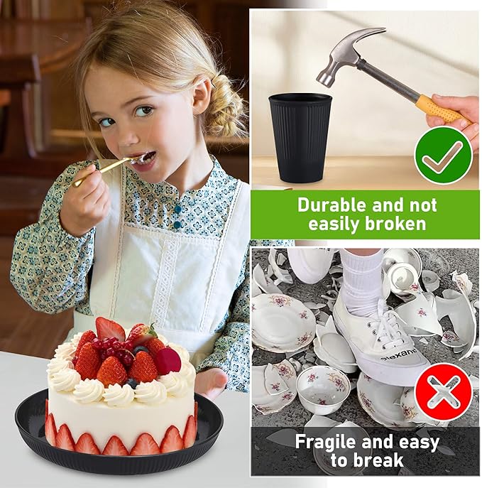 Wheat Straw Dinnerware Sets, Kitchen Unbreakable Wheat Straw Plates and Bowls Sets for College Dorm Apartment Reusable Black