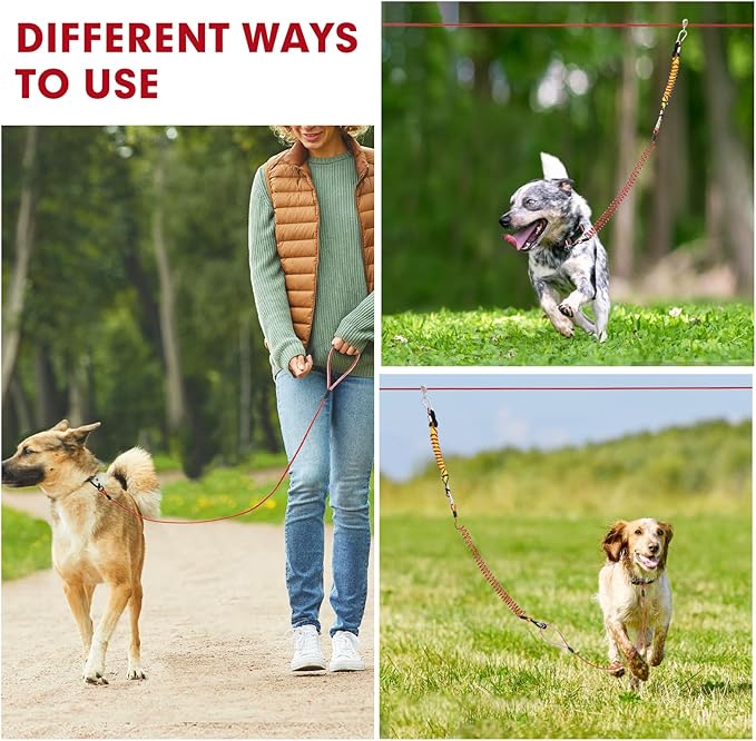 Dog Runner for Yard,Anti-Shock Dog Trolley System 50/75/100/150/200FT,Heavy-Duty Aerial Dog Run Cable with Bungee for Small to Large Dogs up to 300lbs,Outside Dog Zip line for Backyard,Camping, Park