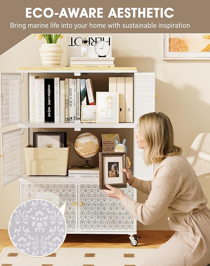 3 Tier Metal Storage Bins and Boxes Organizer, Magnetic Doors & 360°Swivel Lockable Wheels, Easy,labor-Saving, Ocean Life Cutout Pattern, Eco-Aesthetic for Living Room,Bedroom,bathroom,kitchen