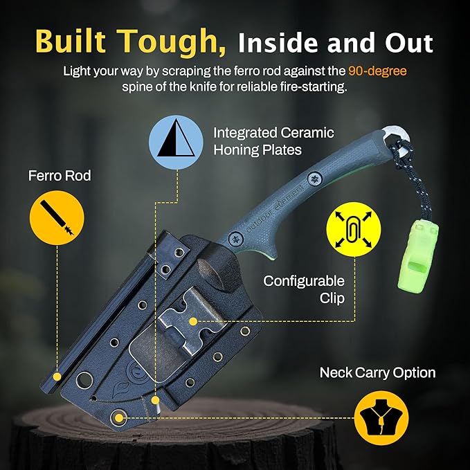 Scout Feather Glow - Fixed Blade Survival Knife with built-in Firestarter for Camping, Hunting, Outdoor Adventure and Culinary Need - VG10 Blade, Whistle, Knife Sharpener, Compact Sheath & G10 Handle