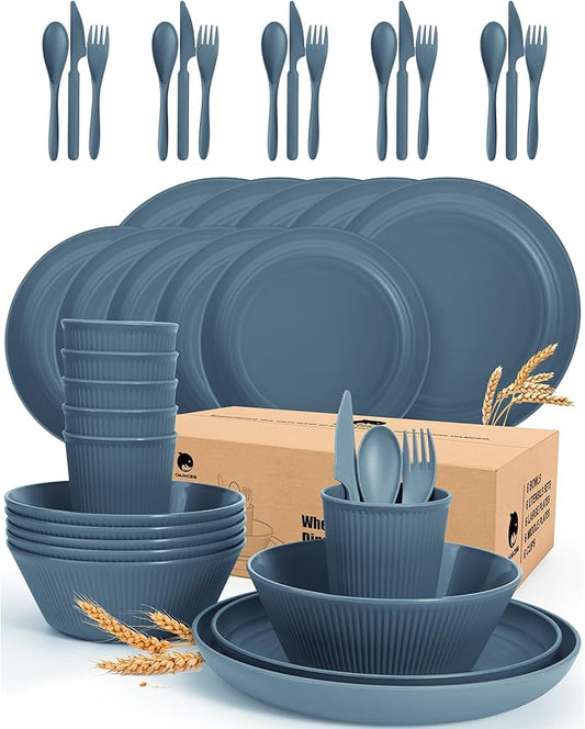 42 Pieces Kitchen Plates and Bowls Set - OAMCEG Plastic Dinner Set for 6, Plastic Wheat Straw Dinnerware Set, College Dorm Microwave Dishes, Unbreakable Plastic Outdoor Camping Dishes, Dark Blue