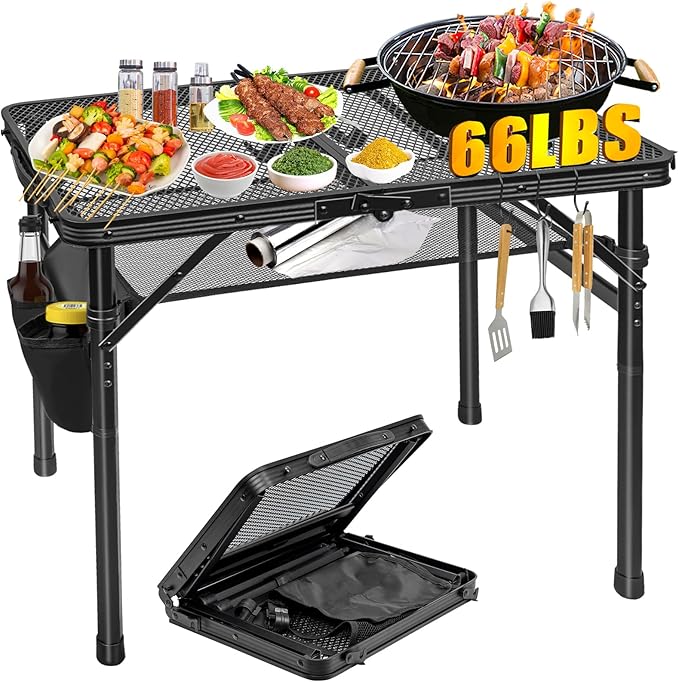 Portable Folding Grill Table, Lightweight Height Adjustable,Camping Picnic Table with Mesh Desktop and Mesh Bag for Outdoor for Picnic,Camping,BBQ,Beach (2 * 1.3FT)