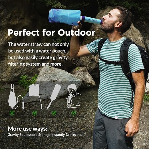 Membrane Solutions Squeezable Water Filtration System, Survival Water Purifier Kit, Portable Backpacking Gear Including Water Filter Straw and 23oz Collapsible Bottle for Hiking Camping Travel(1+4)