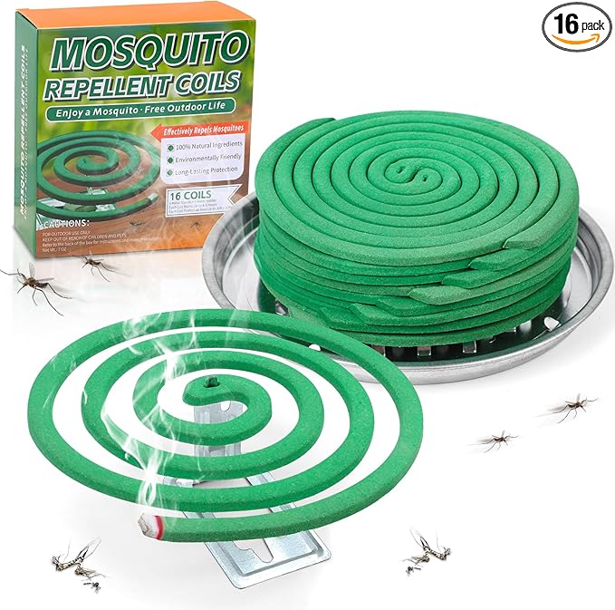 16 Pack Natural Mosquito Coils with 1 Holder & 6 Stands, Long-Lasting Outdoor Mosquito Repellent for Patio, Camping, Yard, Garden, Backyard, 4-5 Hours Burn Time, Effective Citronella Mosquito Killer