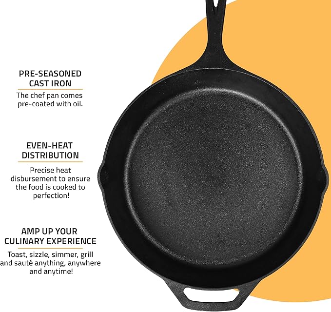 Utopia Kitchen Cast Iron Frying Pan 10.25 Inch, Cast Iron Chefs Pan, Pre Seasoned Skillet, Safe Grill Cookware for Indoor & Outdoor Use, Black