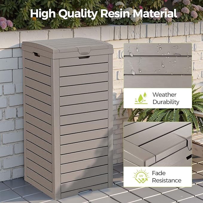 38 Gallon Outdoor Trash Can Waterproof Resin Garbage Can with Tiered Lid & Drip Tray Indoor and Outdoor Use Trash Bin for Patio Kitchen, Backyard & Deck, Gray